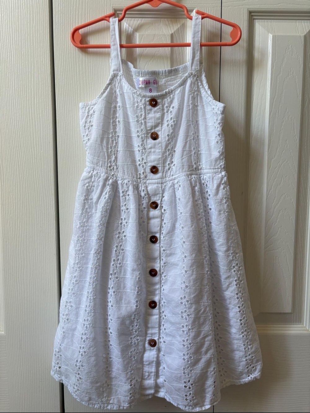 Japna Girls White Eyelet Button-Front Sleeveless Strap Dress (8)